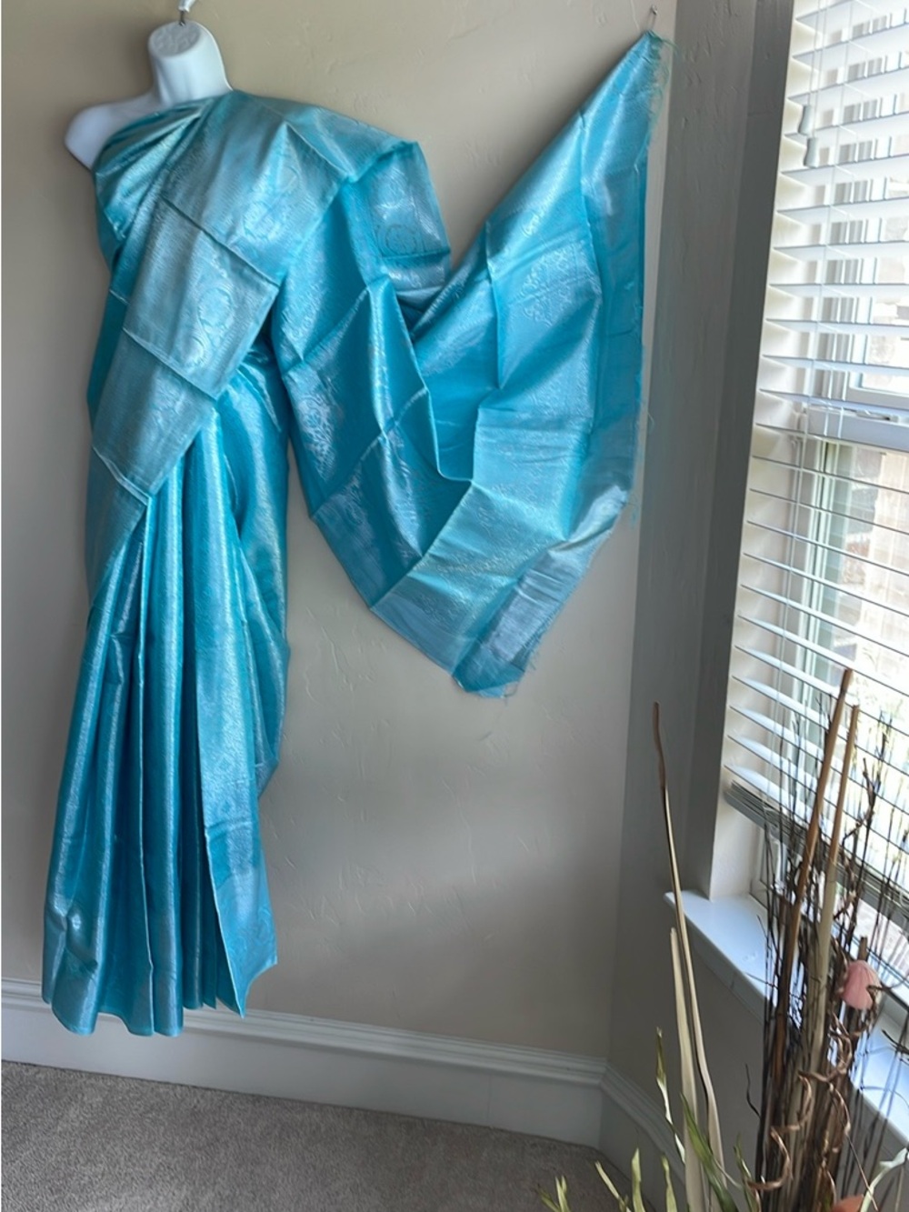 Shimmering Aqua Blue Sari - Lightweight Draped Fabric
